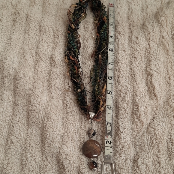 Hand made earth tone sparkle ribbon necklace with silver and stone slide pendant - Picture 1 of 4